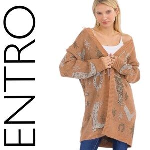 Entro NWT Oversized Camel Western Motif Open-Front Cardigan size Small